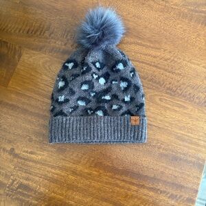 Britt’s Knits Snow Leopard Print Beanie Hat w/ Pom Pom